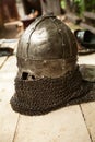 Modern copy of antique metal knight helmet with aventail