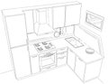 Modern corner kitchen interior pencil drawing.