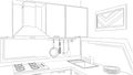 Modern corner kitchen interior sketch drawing.