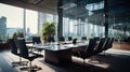 Modern corporate boardroom with large table and panoramic city view Royalty Free Stock Photo