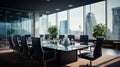 Modern corporate boardroom with large table and panoramic city view Royalty Free Stock Photo