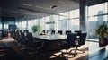 Modern corporate boardroom with large table and panoramic city view Royalty Free Stock Photo