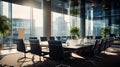 Modern corporate boardroom with large table and panoramic city view