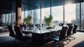 Modern corporate boardroom with large table and panoramic city view Royalty Free Stock Photo