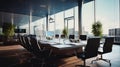 Modern corporate boardroom with large windows and city view Royalty Free Stock Photo