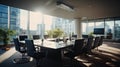 Modern corporate boardroom with large windows and city view Royalty Free Stock Photo