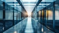 Modern Corporate Office Corridor with Glass Partitions. Generative ai Royalty Free Stock Photo