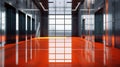 Modern Corporate Office Lobby with Orange Floor and Elevators, Generative AI