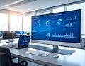 Modern Office Workspace with Ultrawide Monitor Showing Global Data Analytics Dashboard and Business Intelligence Charts Royalty Free Stock Photo
