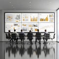 Modern Corporate Strategy Meeting with Business Professionals Analyzing Data Dashboards on Large Digital Screens in Executive Royalty Free Stock Photo