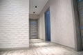 Modern corridor in an apartment after renovation in gray tones. Gray interior doors and black LED lights on the ceiling. white Royalty Free Stock Photo