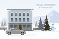 Modern cottage and gray car with Christmas tree, snowman. Wintertime. Royalty Free Stock Photo