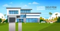 Modern Cottage House Exterior, Villa Building Banner with Copy Space