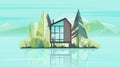 Modern Cottage House Exterior, Villa Building Horizontal Banner with trees, lake and the mountains. Vector illustration
