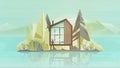 Modern Cottage House Exterior, Villa Building Horizontal Banner with trees, lake and the mountains. Vector illustration