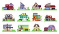 Modern cottages set, houses exterior isolated vector illustrations front view architecture with roof. Townhouse building Royalty Free Stock Photo