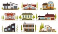 Modern country homes for booking and living. Houses exterior vector illustration front view with roof. Home facade with Royalty Free Stock Photo