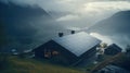 Modern country house with solar panels on the roof, in a dark rural landscape with mountains and lake. Generative AI