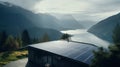 Modern country house with solar panels on the roof, located in a beautiful remote area with mountains. Generative AI