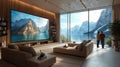 Modern couple captivated by holographic screen in futuristic home, high-tech setup