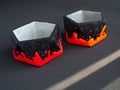 Colorful pentagon concrete planters. Painted concrete pots for home decoration