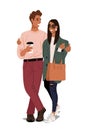 Modern couple of friends on a walk, stylish man and woman hugging. Flat cartoon vector illustration isolated on white