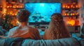 Modern couple in futuristic home watching holographic screen, high-tech ambiance