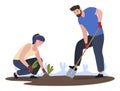 Modern couple planting beds at garden vector flat seasonal agricultural farm rural occupation