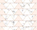 Modern cover geometric with marble texture and gold lines, triangles pastel pink and white colors background. Template for design