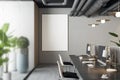 Modern coworking office interior with empty white mock up poster, equipment, furniture, decorative plants and matte glass