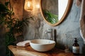 Modern and cozy bathroom with mirror. Generative AI