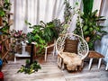 A modern cozy beautiful room with a braided rope macrame chair, green plants and a window with curtains. Interior and