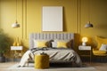 Modern cozy bedroom with monochrome warm yellow wall. Contemporary interior design with mustard wall color, empty white frame and Royalty Free Stock Photo