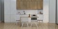 Modern and cozy bright kitchen dining room with wood and marble decor. 3d render illustration