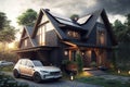 A modern cozy chalet with garage for sale or rent. Black car parked near the house Royalty Free Stock Photo