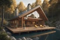 modern cozy chalet with pool and parking for sale or rent in forest. Massive timber beams columns. Clear sunny summer day by the