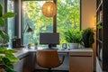 Modern cozy home office with organic textures, greenery, eco design, not a typical office Royalty Free Stock Photo