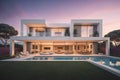 modern cozy house with pool and parking, luxurious style and beautiful landscaping on background. ai generative Royalty Free Stock Photo
