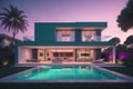 modern cozy house with pool and parking, luxurious style and beautiful landscaping on background. ai generative Royalty Free Stock Photo