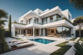 modern cozy house with pool and parking, luxurious style and beautiful landscaping on background. ai generative Royalty Free Stock Photo