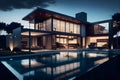modern cozy house with a swimming pool in luxurious style. Clear summer night with many stars in the sky. AI Generative