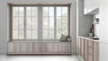 Modern cozy kitchen and big window with bench in white and bleached tones. Wallpaper and concrete floor. Minimalist japandi