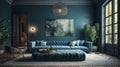 Modern cozy living room in blue and gray tones. Stylish comfortable sofa, ottoman and armchair, parquet floor and Royalty Free Stock Photo