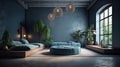 Modern cozy living room in blue and gray tones. Stylish comfortable sofa, round ottoman, concrete floor and vintage Royalty Free Stock Photo