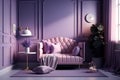 Modern cozy living room with monochrome lavander purple wall. Contemporary interior design with pastel wall color, table and sofa Royalty Free Stock Photo