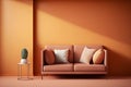 Modern cozy living room with monochrome terracotta wall. Contemporary interior design with trendy earth tones wall color, pink Royalty Free Stock Photo