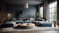 Modern cozy luxury living room in blue and beige tones. Large corner sofa, round coffee table, wooden floor and vintage Royalty Free Stock Photo