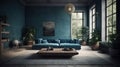 Modern cozy luxury living room in blue and beige tones. Large sofa, square coffee table, wooden floor and vintage carpet Royalty Free Stock Photo