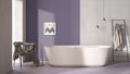 Modern cozy minimalist purple bathroom, freestanding bathtub, mosaic hexagonal pastel tiles, armchair with fur, concrete white