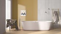 Modern cozy minimalist yellow bathroom, freestanding bathtub, mosaic hexagonal pastel tiles, armchair with fur, concrete white